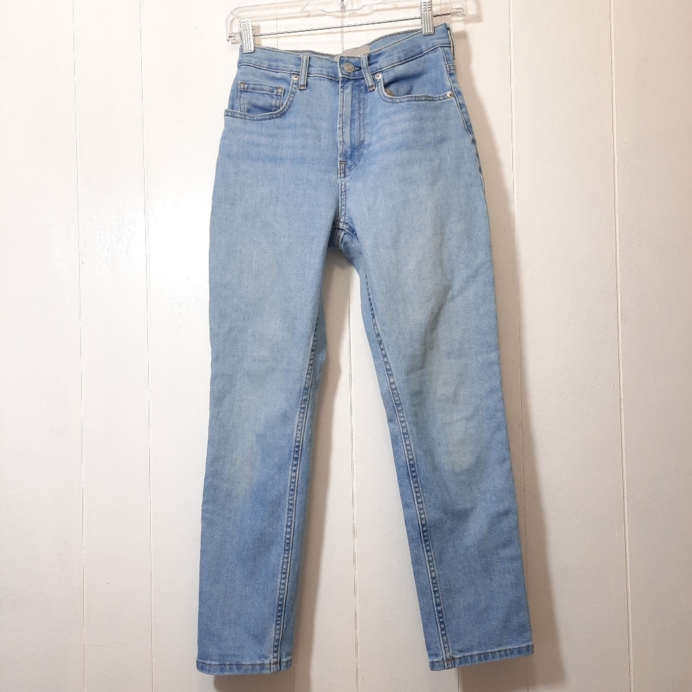 EVERLANE ANKLE HIGH WAIST STRAIGHT JEANS BLUE DENIM STRETCH - Picture 2 of 8